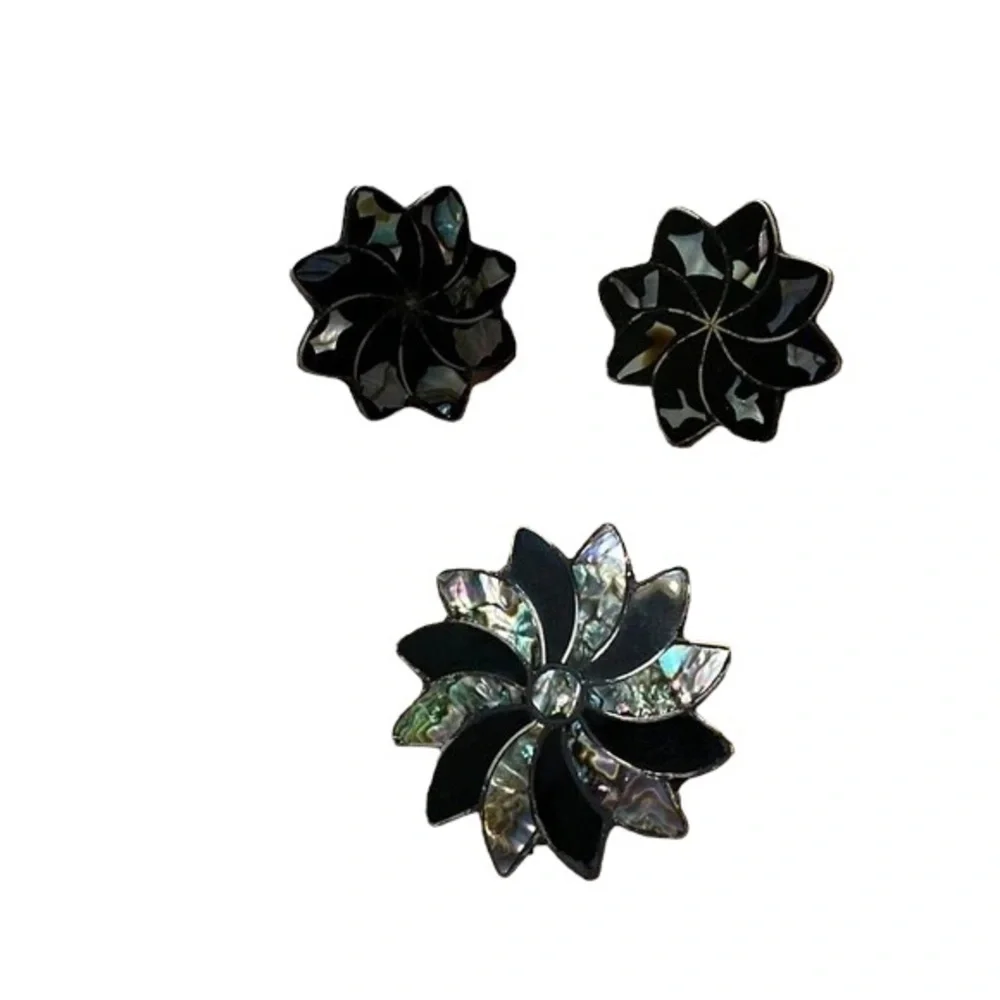 Vintage Alpaca Silver Abalone Inlay Star Brooch With Earrings